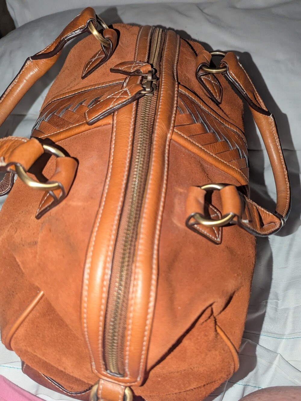 Cole Haan Cognac Brown Suede With Leather Woven Accent Duffle Bag - Picture 8 of 14